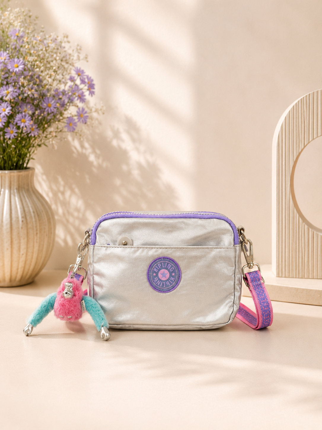Metallic Crossbody Bag with 4 Zipper Compa