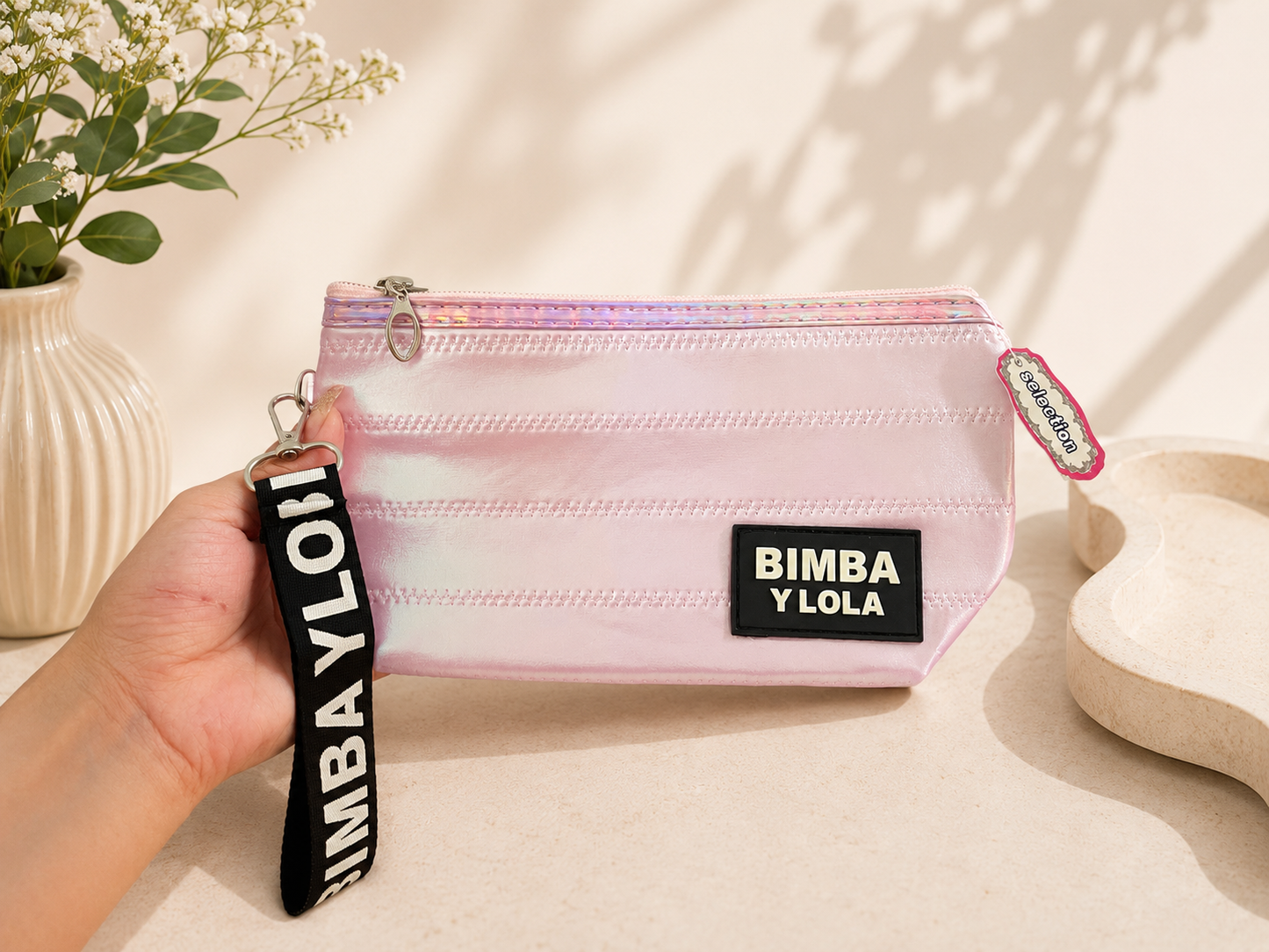 BIMBA Y LOLA Quilted Metallic Cosmetic Pouch with Wrist Strap – Makeup & Travel Organizer