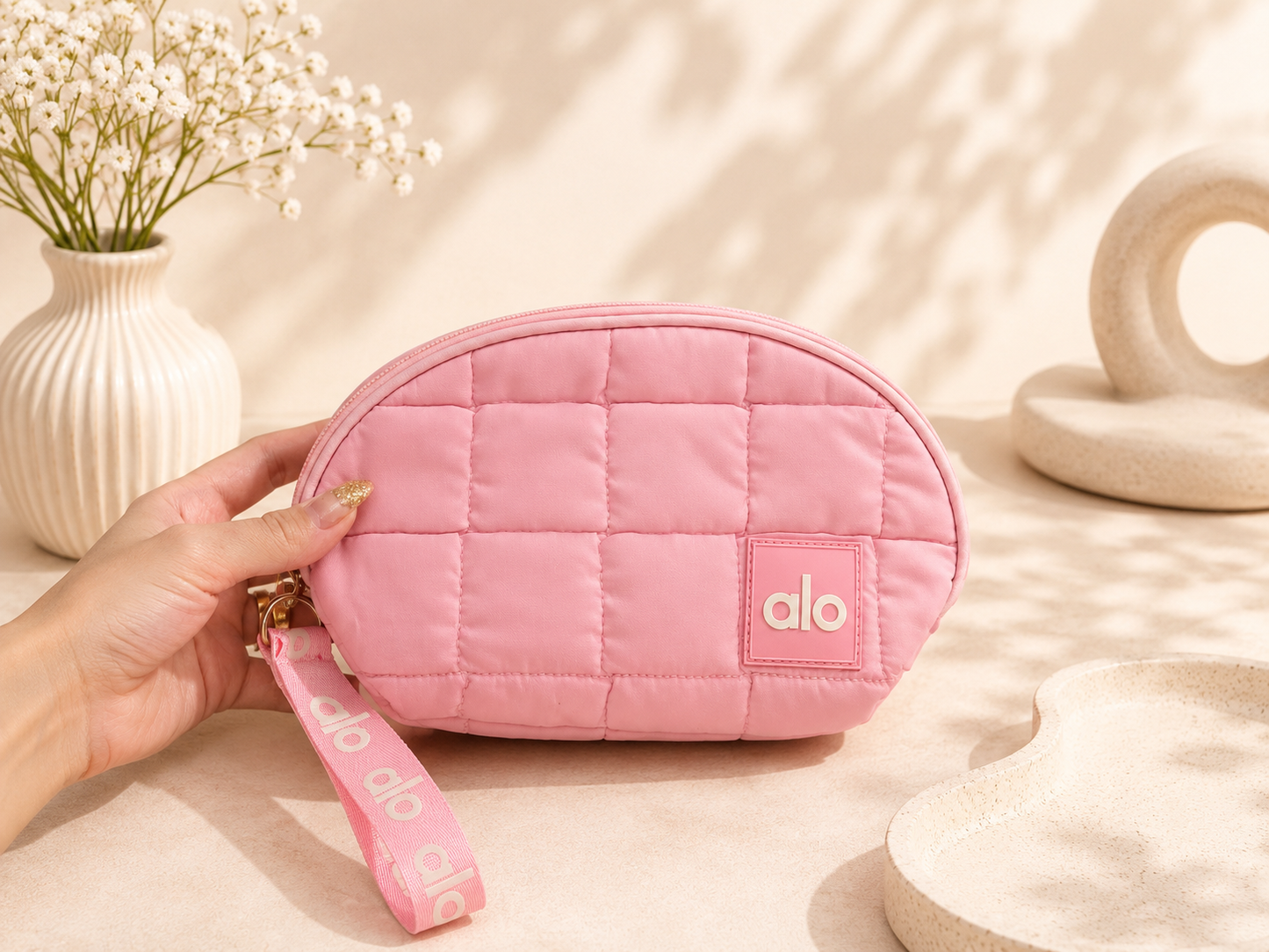 Alo Quilted Makeup Bag – Soft Cosmetic Pouch with Wrist Strap (Multiple Colors)