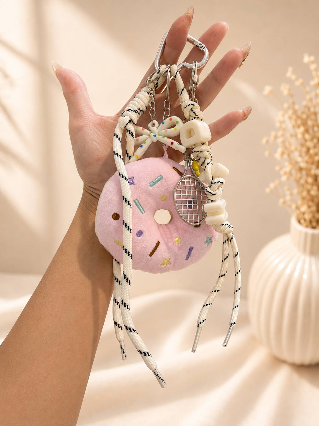 Cute Donut Plush Keychain with Tennis Racket Charm & Heart Carabiner