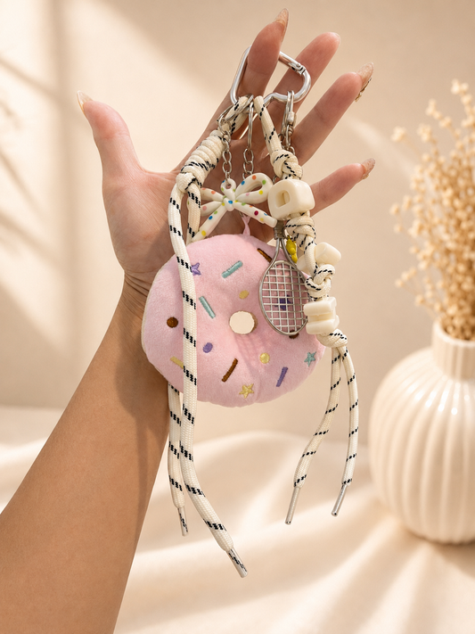 Cute Donut Plush Keychain with Tennis Racket Charm & Heart Carabiner