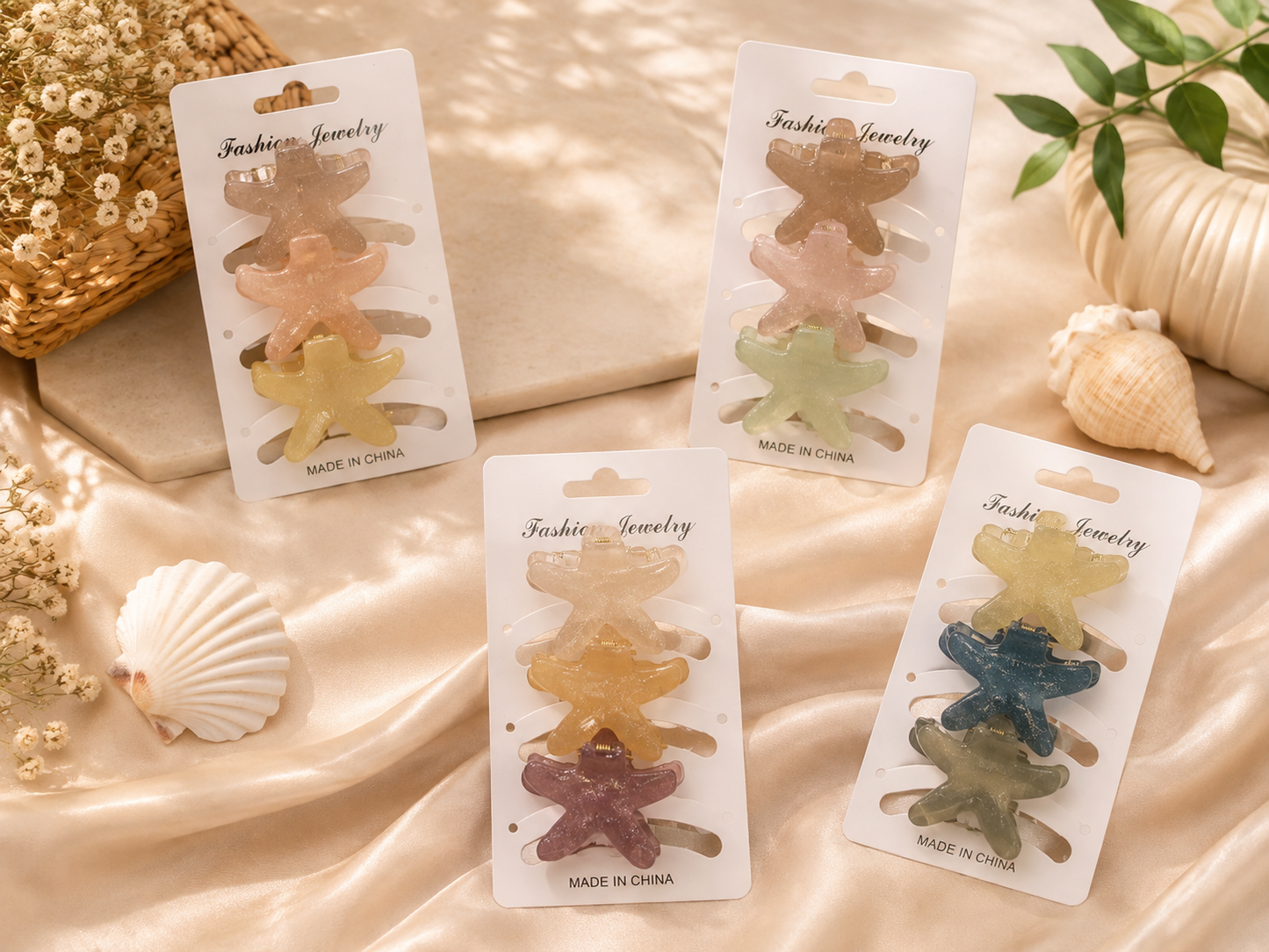Glittery Starfish Hair Clips – Set of 3