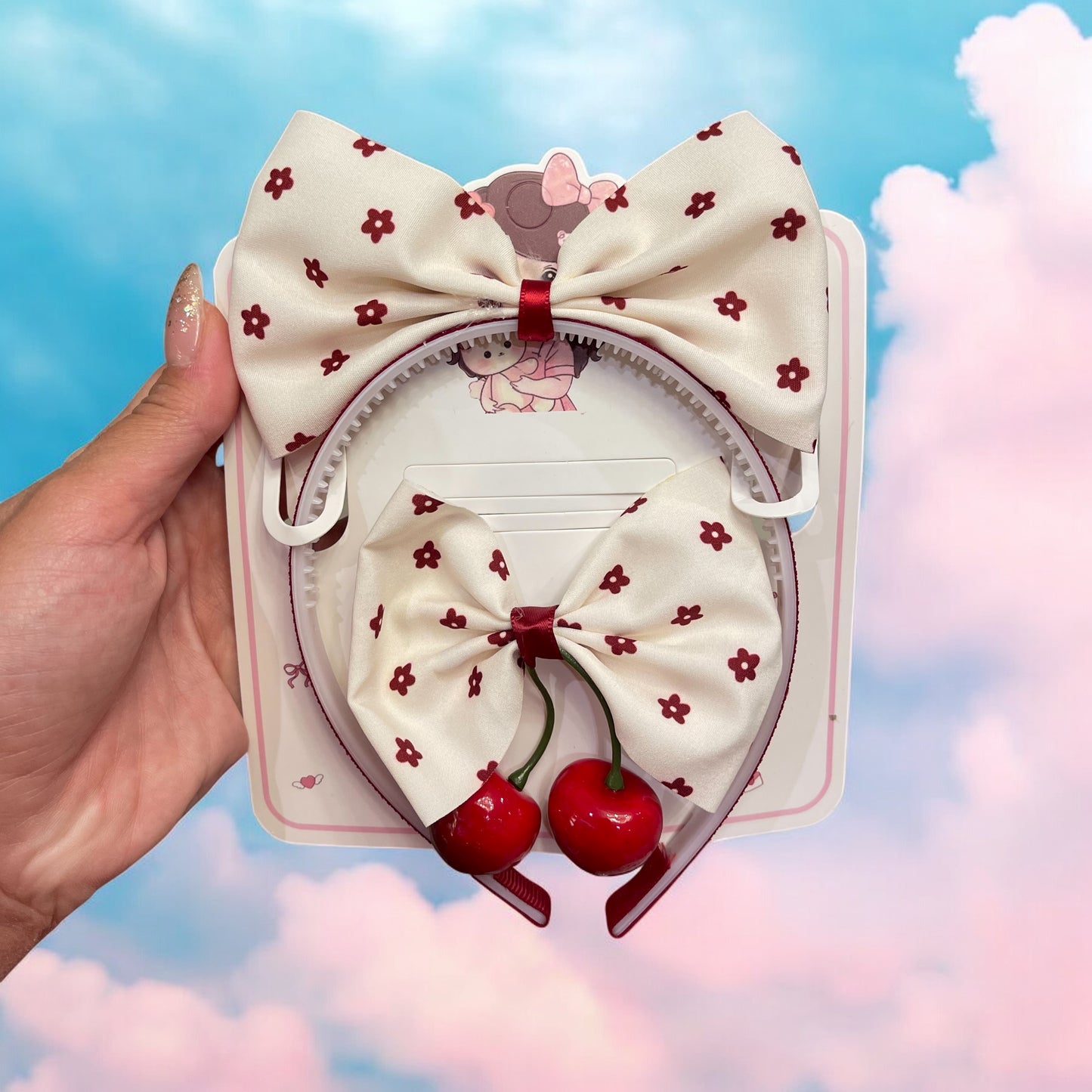Cherry Bow Headband & Hair Clip Set – Cream & Red