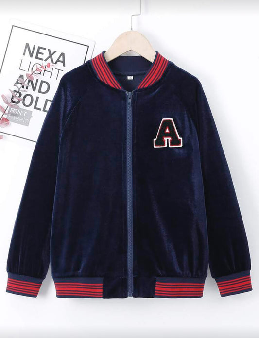 SHEIN Boys Letter Patch Detail Raglan Sleeve Striped Trim Velvet Bomber Jacket - 5Years