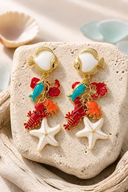Ocean Charm Fish Drop Earrings – Gold Statement Earrings
