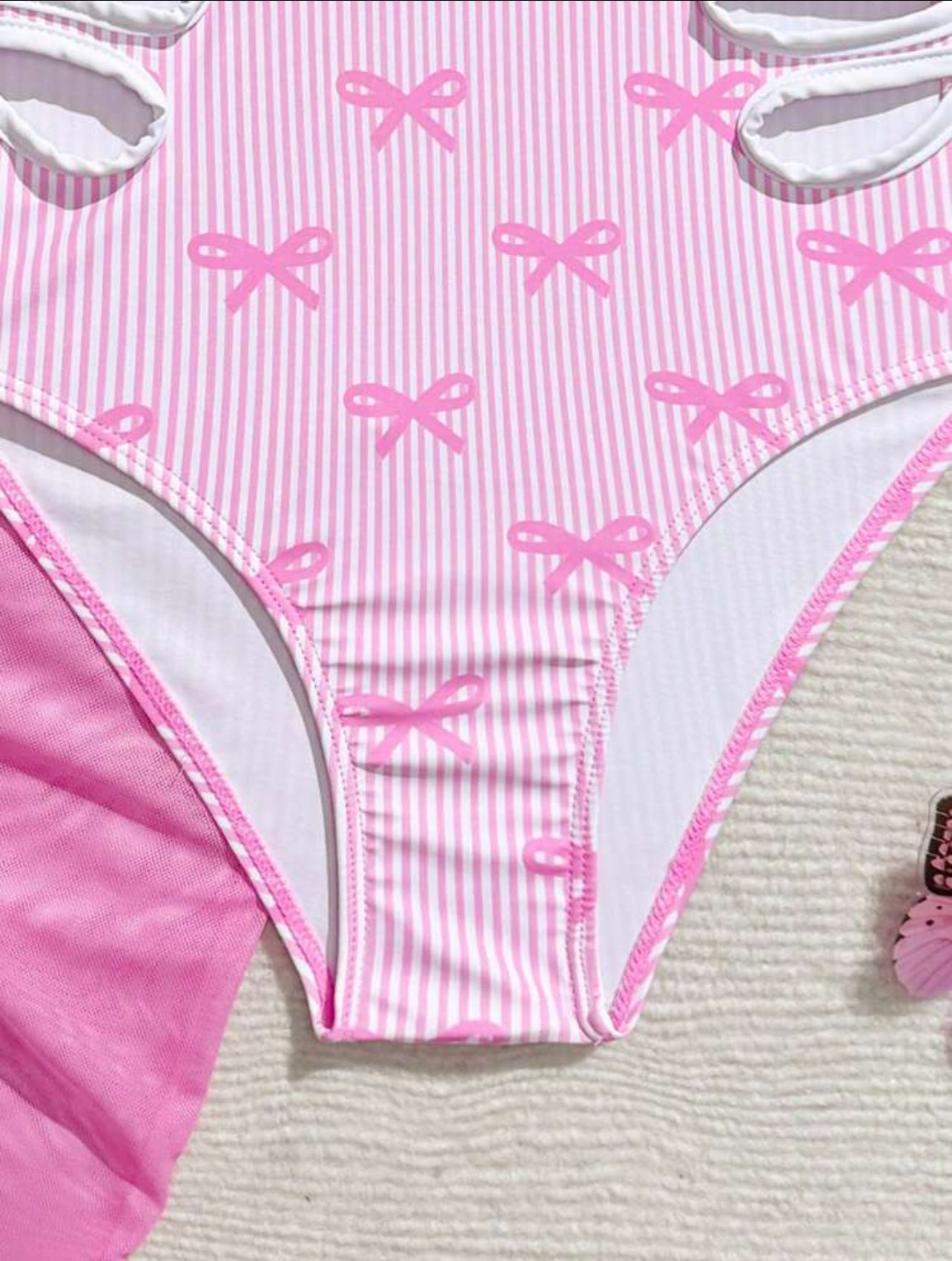 SHEIN Tween Girl Pink Striped Bow One-Piece Swimsuit And Mini Skirt Set