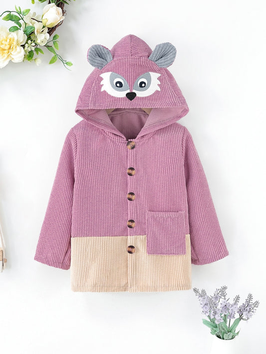 Last Piece! Toddler Girls 3D Ear Animal Embroidery Pocket Front Corduroy Coat - 5Y