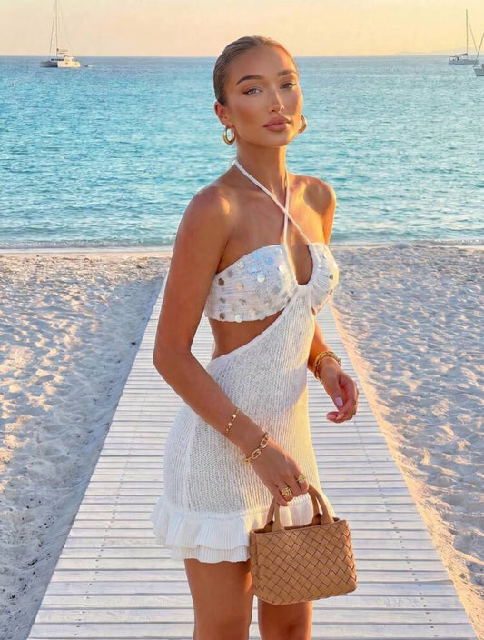 New Spring/Summer Women's Knit Round Neck Sequin Criss-Cross Backless Tie-Up Ruffle Hem Dress, Sexy & Fashionable White