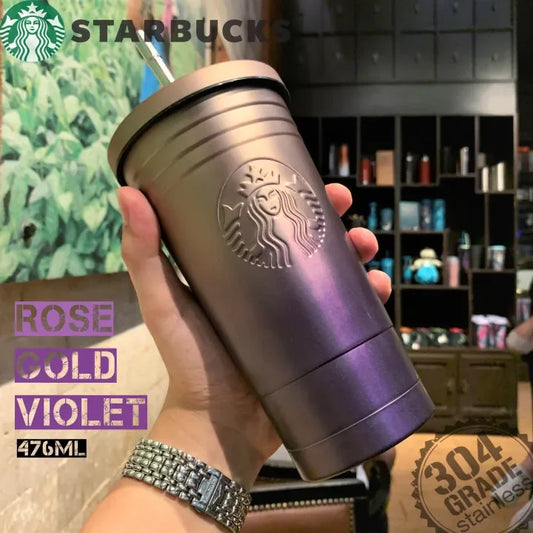 Starbucks Coffee Tumbler w/ Metal Straw Double Wall Insulated Vacuum Cup Flask Mug Tumbler 473ML