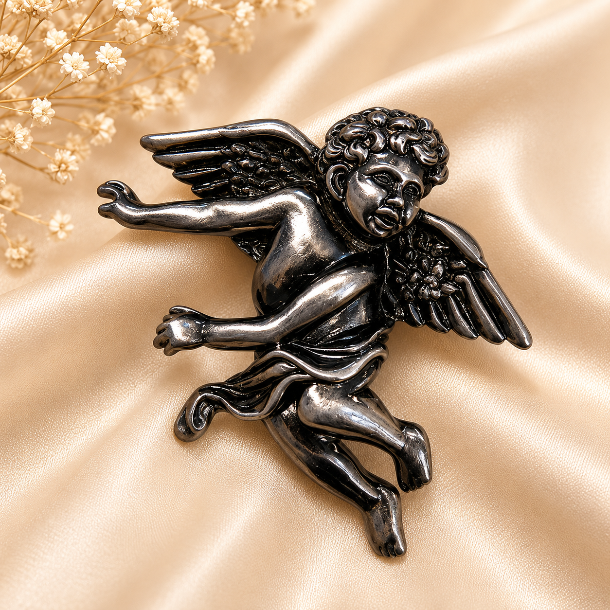Vintage Cherub Angel Brooch – Antique Silver Statement Pin
