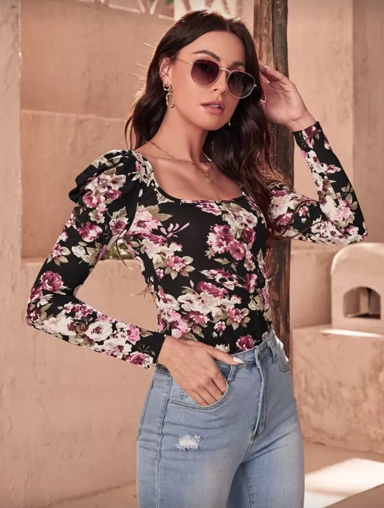 SHEIN Clasi Floral Print Gigot Sleeve Tee - XL