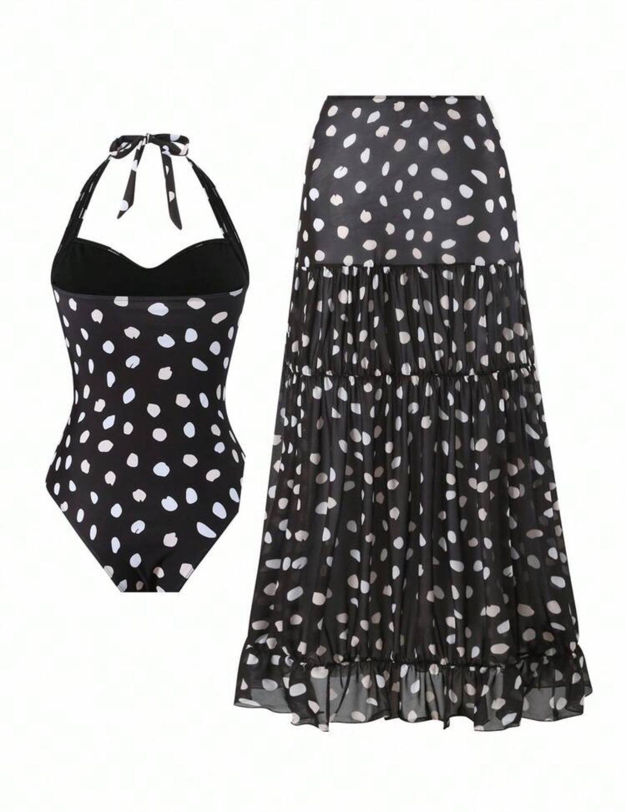 Bonvoyette Asymmetrical Polka Dot Halter One Piece Swimsuit & Maxi Skirt Set For Women - XL