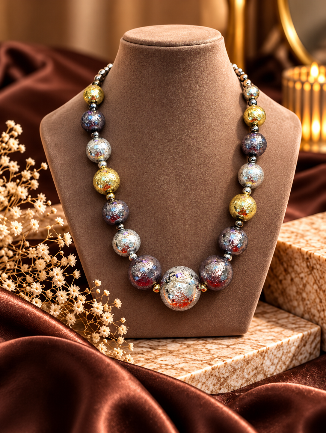 Elegant Metallic Statement Beaded Necklace – Silver & Gold