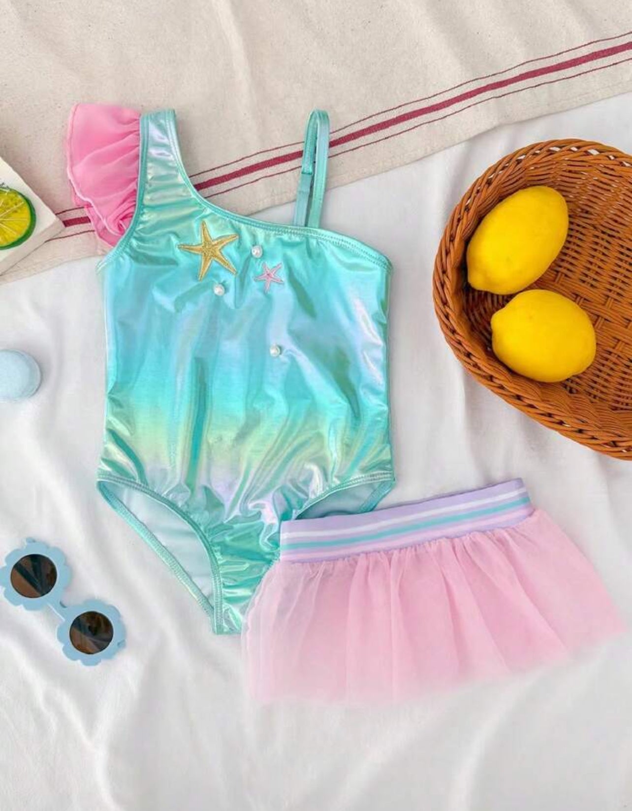 SHEIN Toddler Girl's Baby Pink Starfish Embroidered Pearl One-Piece Swimsuit With Tulle Skirt,One-Shoulder Puff Sleeve Quick-Drying Summer Beach Holiday