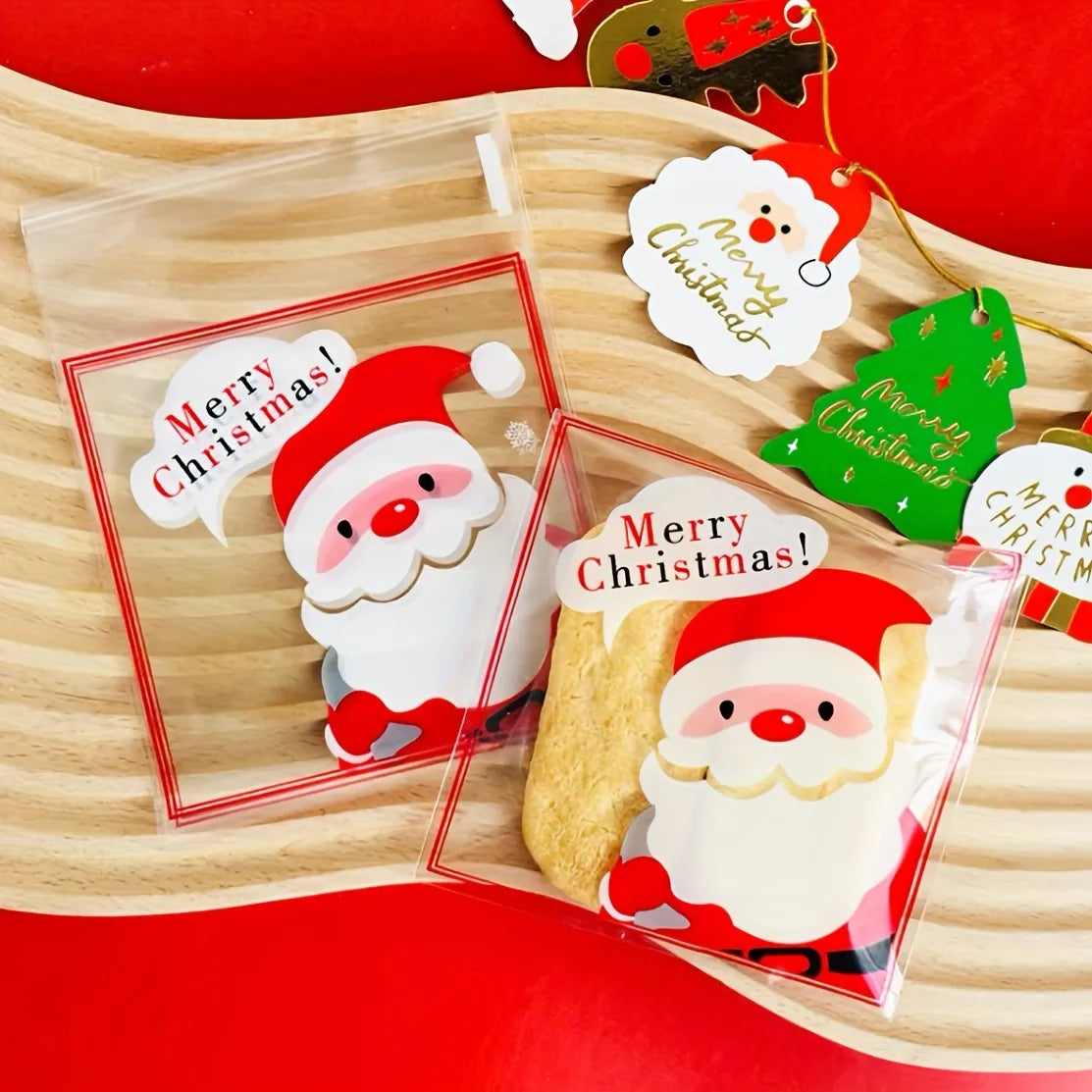 100Pcs Christmas Santa Claus self adhesive clear cookies bag