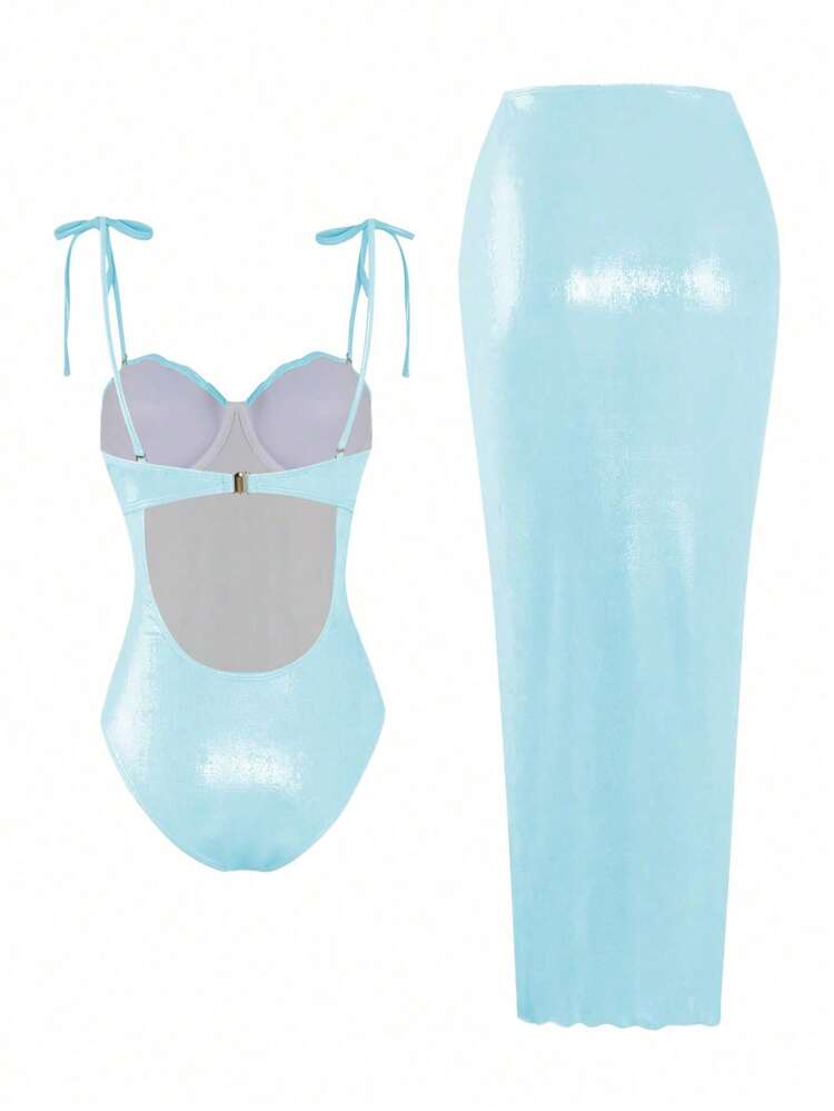 Swim Oasis 2pcs/Set Summer New Shiny Material Shell Decoration Push-Up Women's One-Piece Swimsuit,Pink,70s Retro,Beach Vacation,Holiday,Party,Holiday Bow