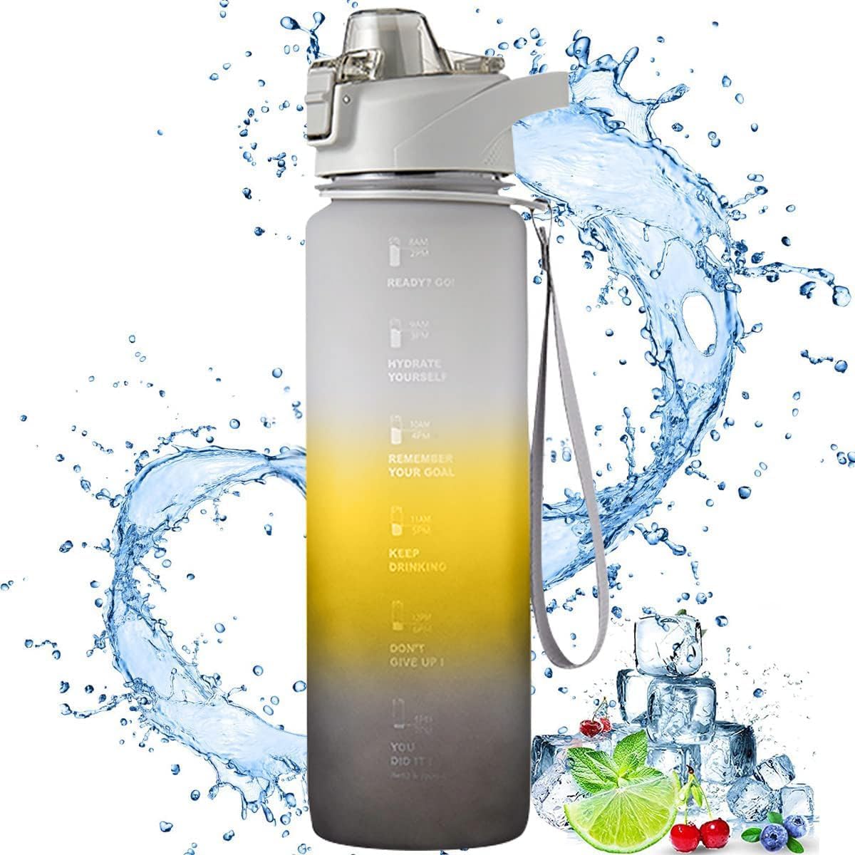 Motivational Water Bottle with Time Markers – 1L, Leak-Proof & One-Click Lid