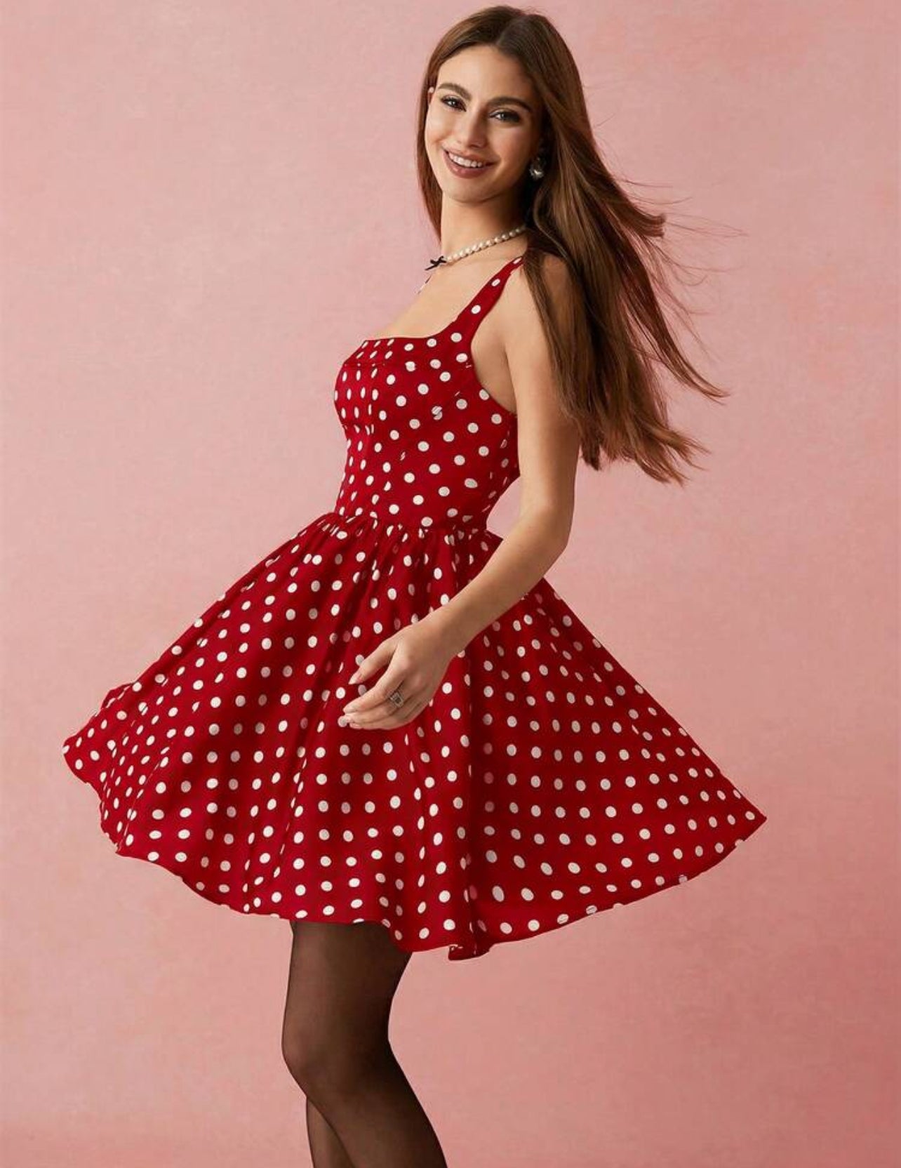 Enchnt Women's Red And White Polka Dot Square Neck Sleeveless Short Dress,Vintage Tea Party Summmer Elegant Birthday Graduation Wedding Party Dress - S,M