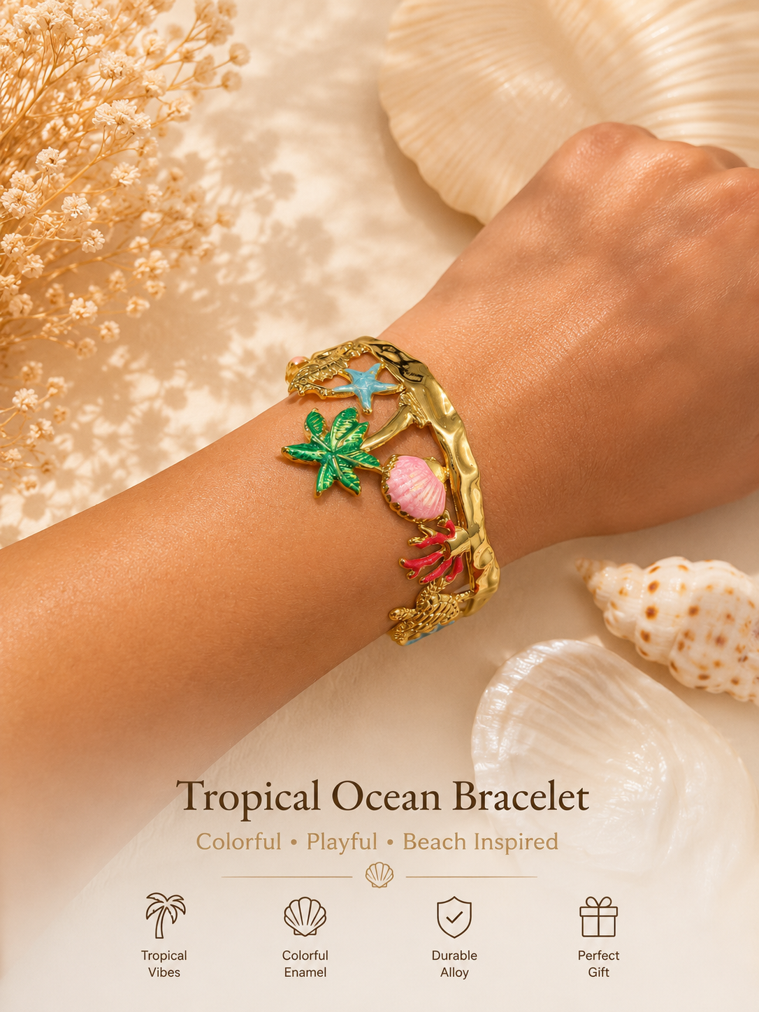 Stainless Steel Ocean Charm Cuff Bracelet – Gold Coastal Open Bangle