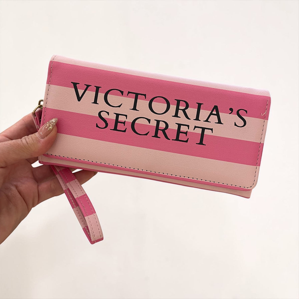 Victoria’s Secret Style Striped Long Wallet with Zipper & Wrist Strap