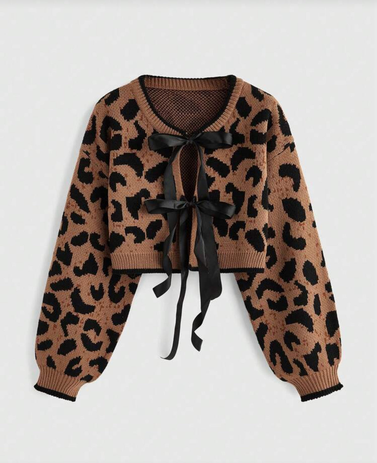 ROMWE Kawaii Autumn Fashion Y2K Leopard Print Bow Tie Cardigan,Long Sleeve Tops - Medium