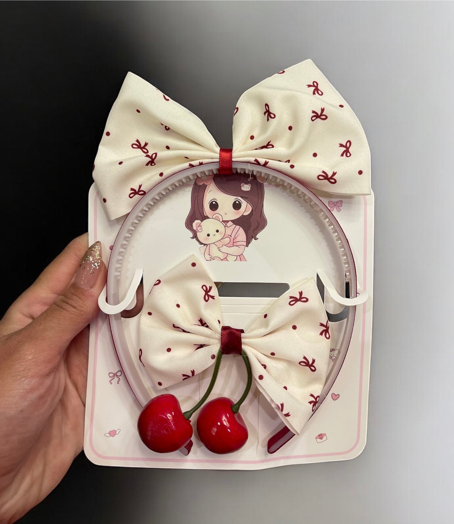Cherry Bow Headband & Hair Clip Set – Cream & Red
