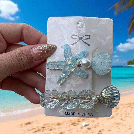 2pcs/Set New Ocean Series Shell Starfish Hair Clips Glitter Purple Hairpins Pearl Barrette Hair Accessories