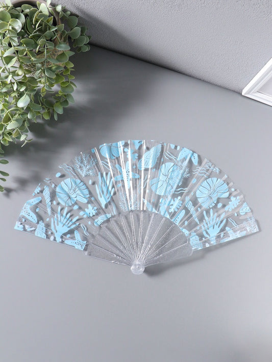 Folding plastic fan "Seashells and corals", blue, glitter, 23 cm