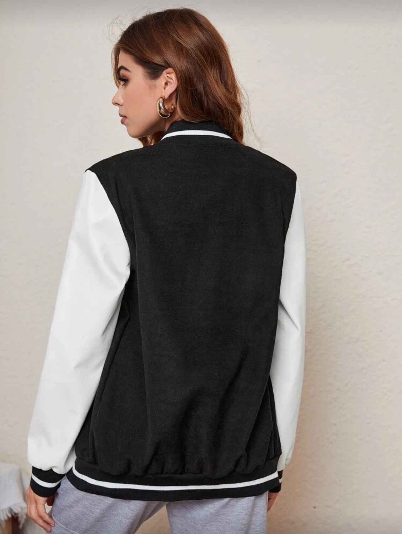 SHEIN Letter Patched Contrast Sleeve Varsity Jacket - M