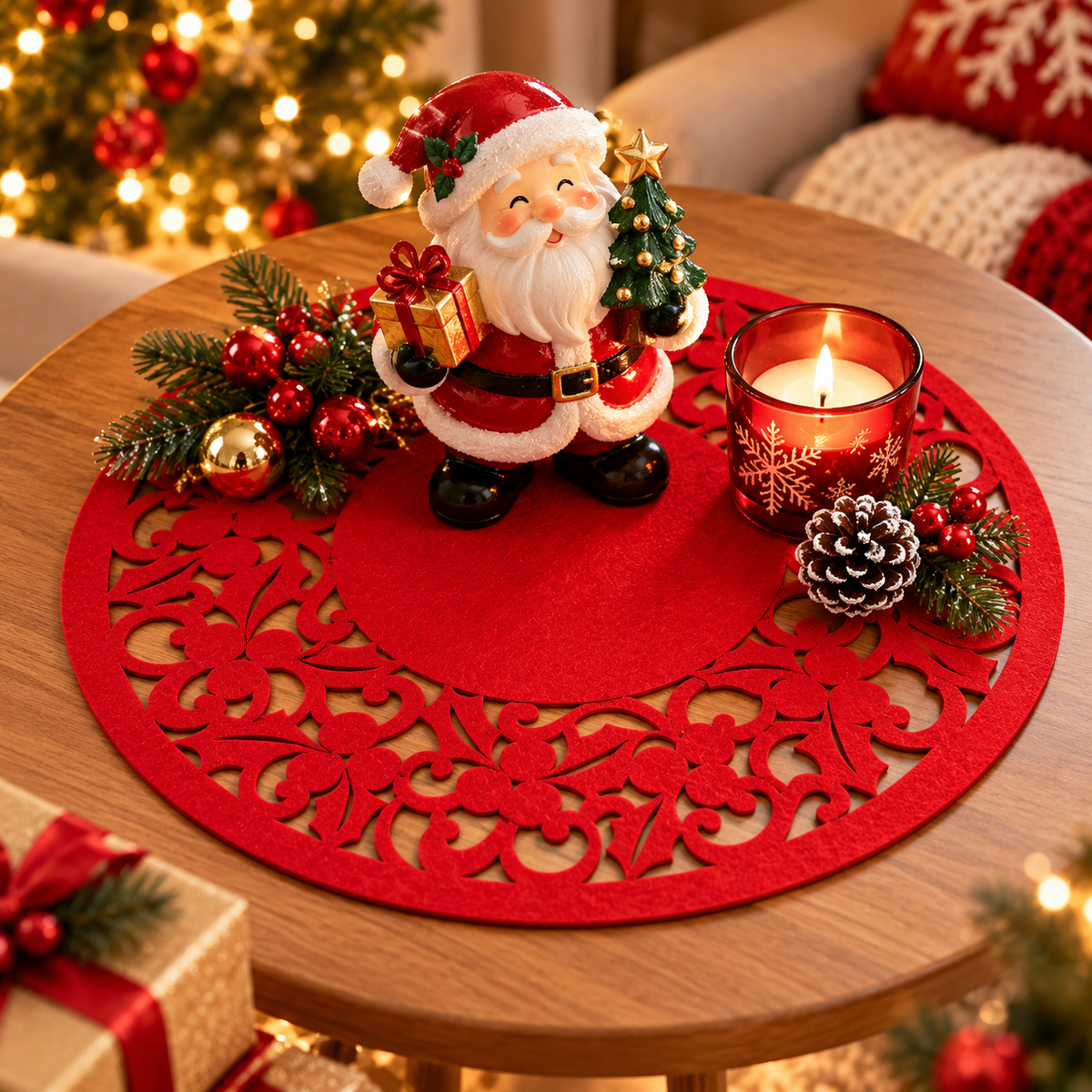 Red Christmas Felt Placemat – Elegant Floral Cutout Table Decor, 36 cm
