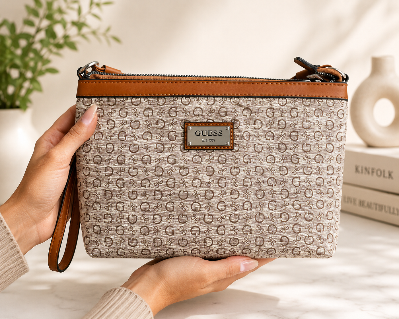 Inspired Monogram Crossbody Bag – Beige & Tan