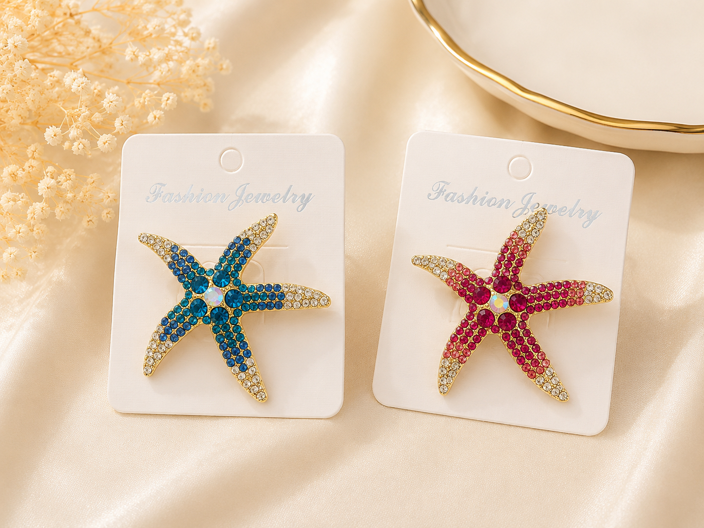 Crystal Starfish Brooch – Ocean-Inspired Rhinestone Pin (Blue & Pink)