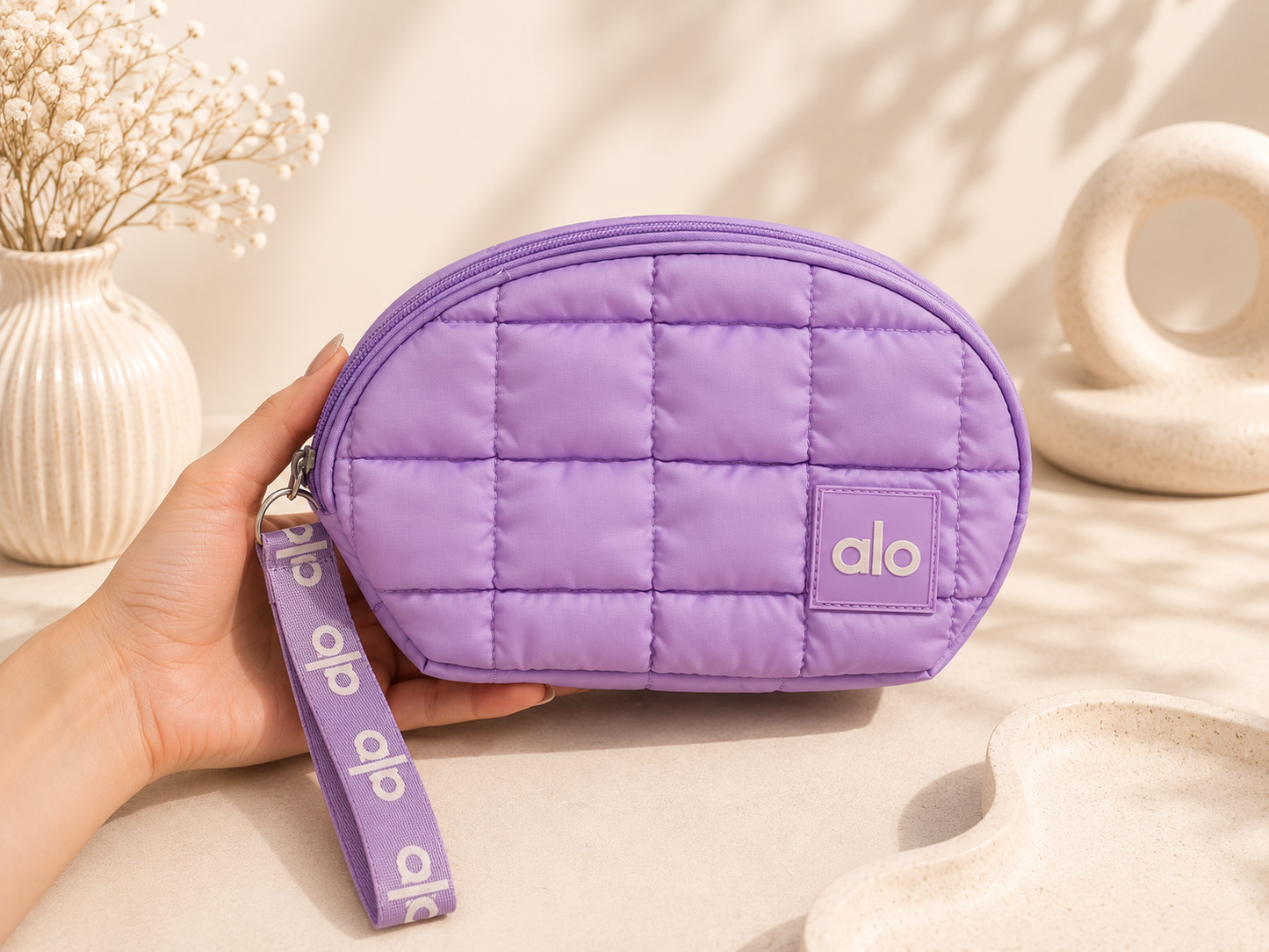 Alo Quilted Makeup Bag – Soft Cosmetic Pouch with Wrist Strap (Multiple Colors)