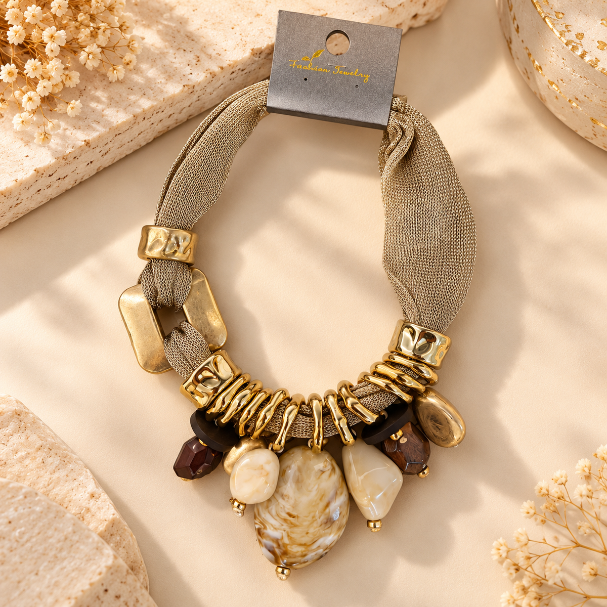 Elegant Statement Necklace – Gold & Beige Beaded Pendant Necklace