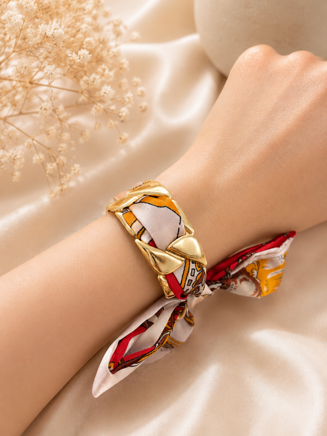 Luxe Silk Scarf Bracelet – Chic Gold Cuff Collection
