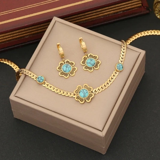 Pedina Stainless steel Turquoise Flower Necklace set (Necklace + Bracelet + earrings) For Women Fashion New Gift Neck Chain Waterproof Jewelry