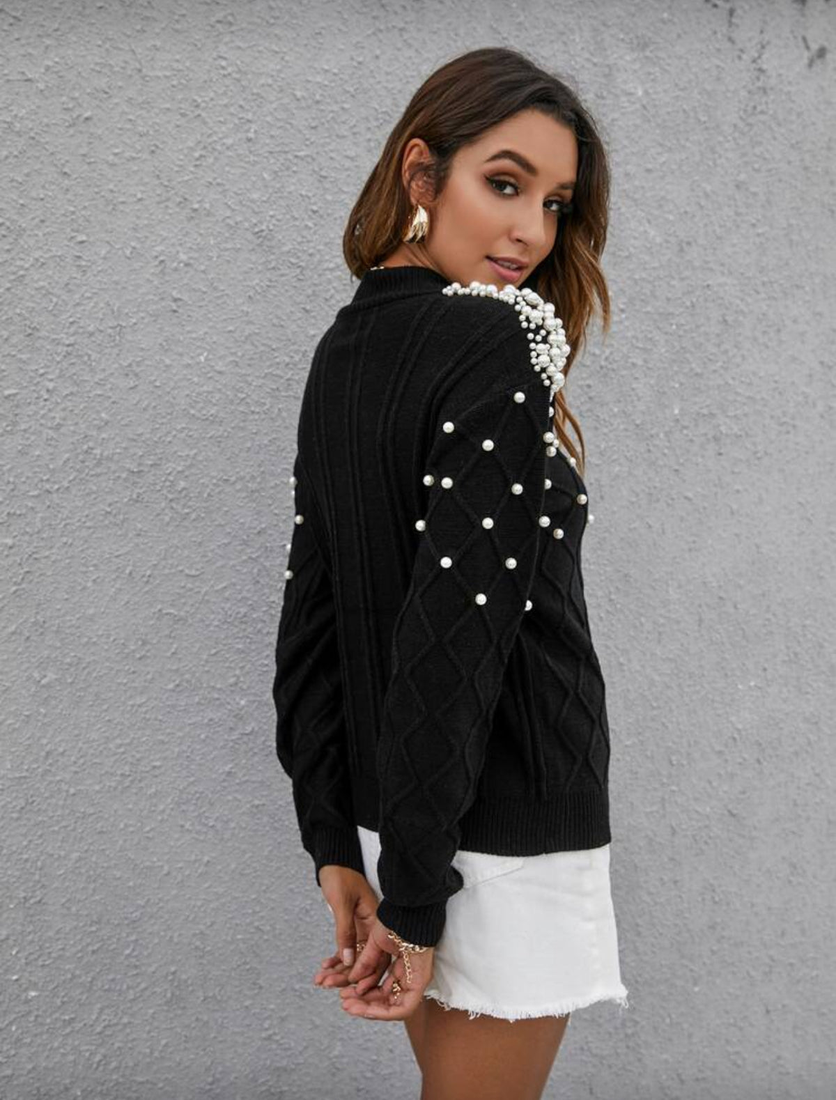 Mulvari Solid Pearl Rib-Knit Sweater,Long Sleeve Tops - Medium