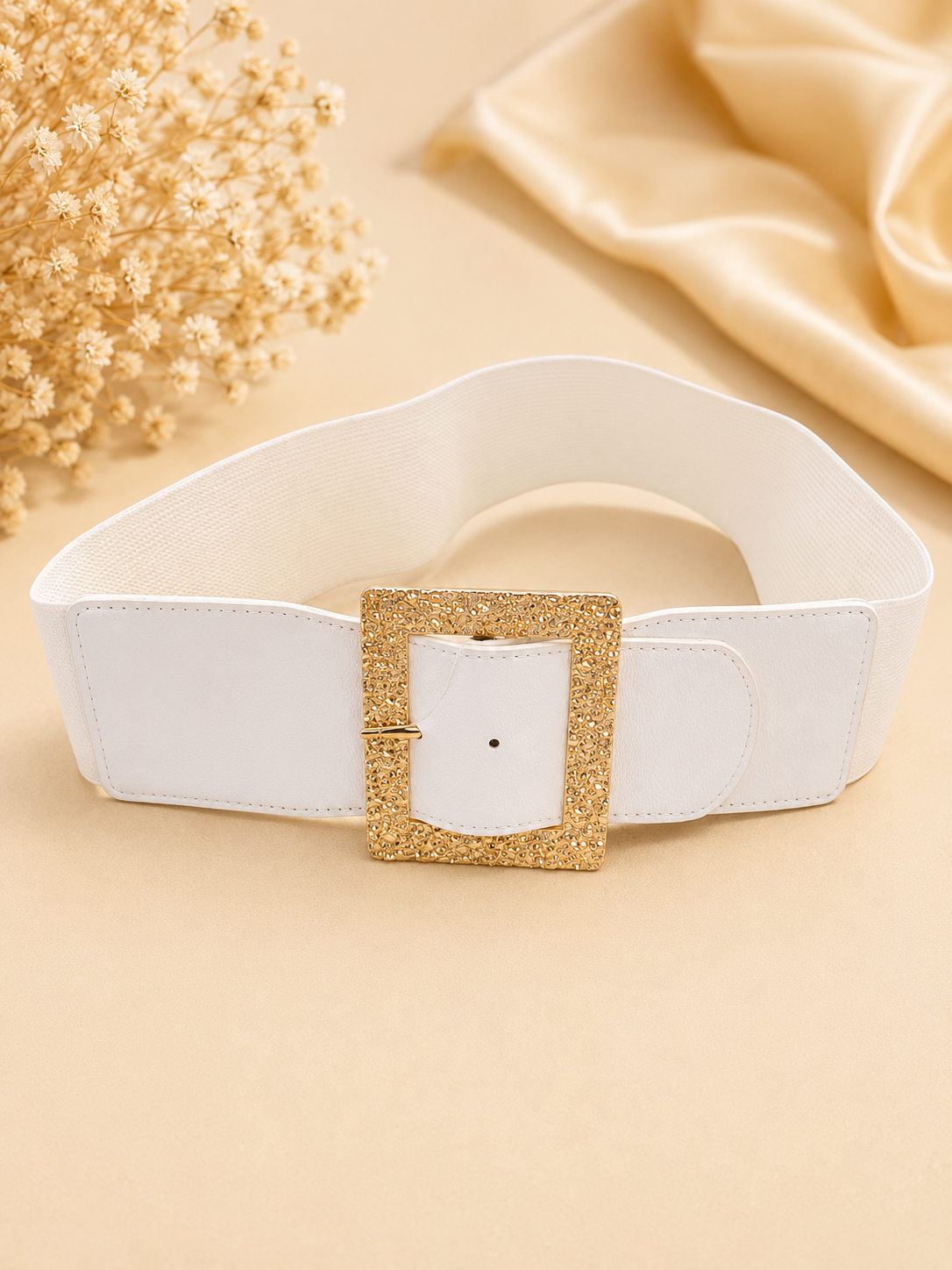Wide White Elastic Waist Belt with Textured Gold Buckle