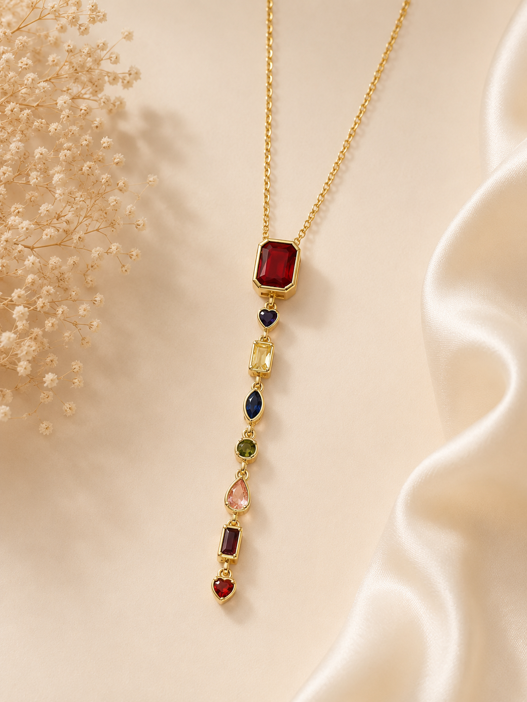 Rainbow Gemstone Drop Necklace – Stainless Steel