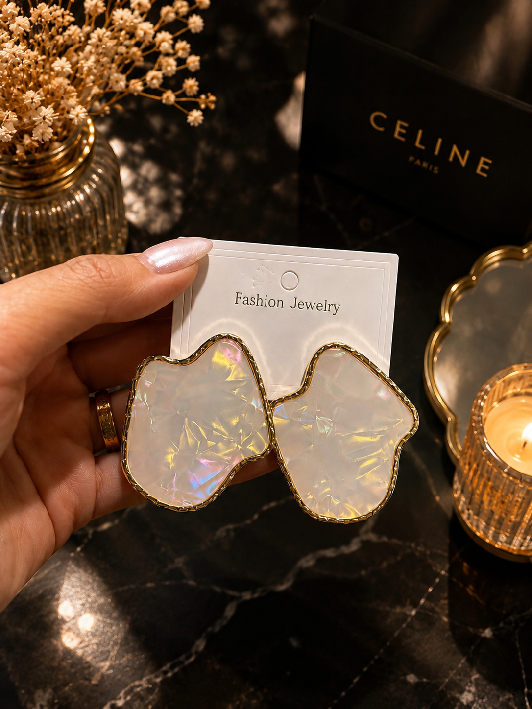 Iridescent Pearl Statement Earrings – Gold Trim Geometric Stud Earrings