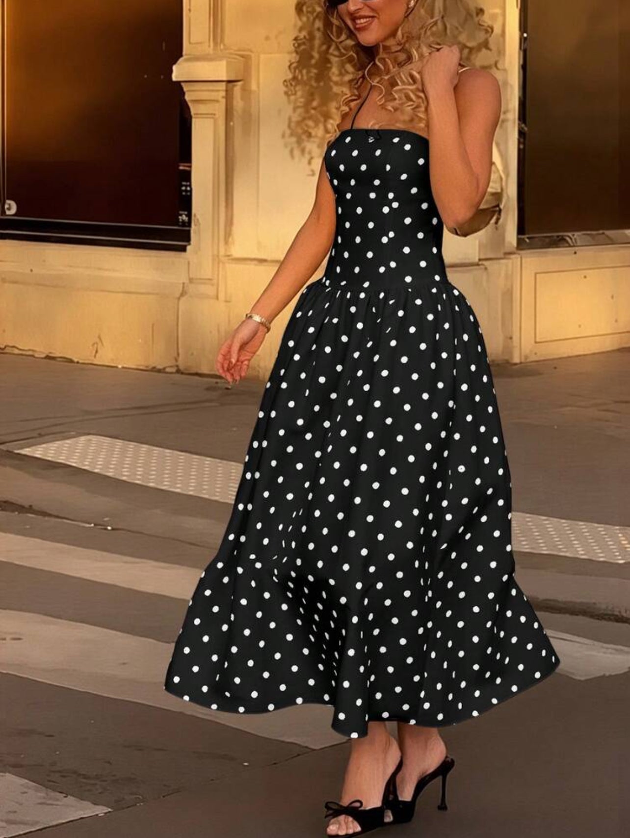 Spring/Summer New Fashionable Elegant Casual Street Vacation Music Festival Polka Dot Strap Dress - Large