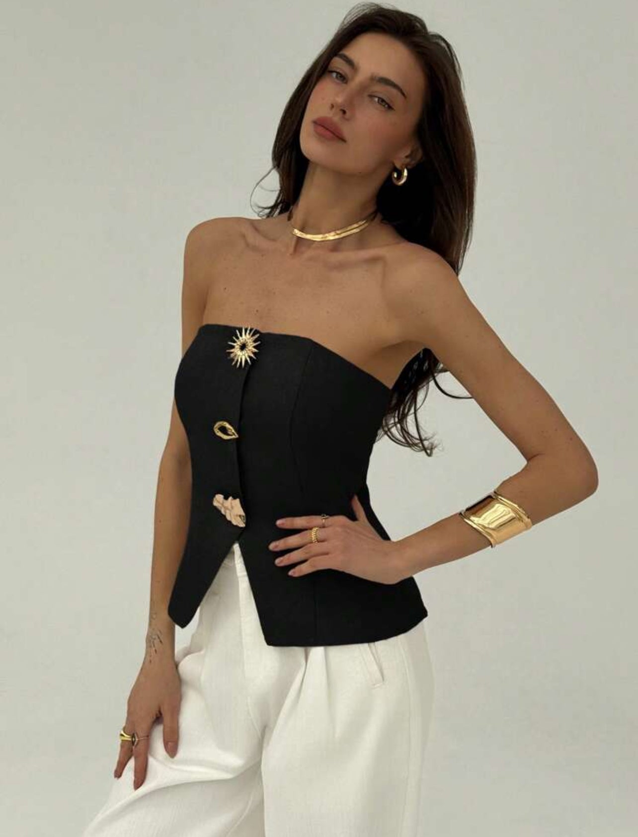 SHEIN Aloruh Office Wear Modern Metal Button Decor Bandeau Women Blouse - M,L