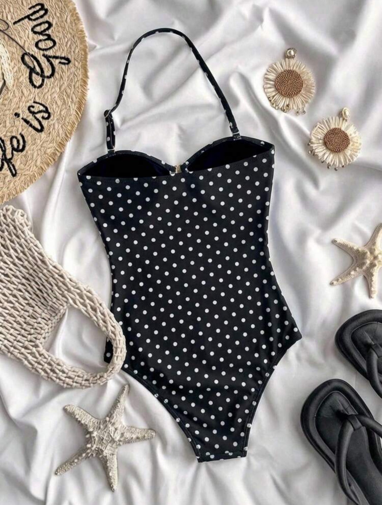 SHEIN Tween Girl Polka Dot Metallic Starfish Decor One-Piece Swimsuit, Suitable For Beach Vacation - 10Y,11Y