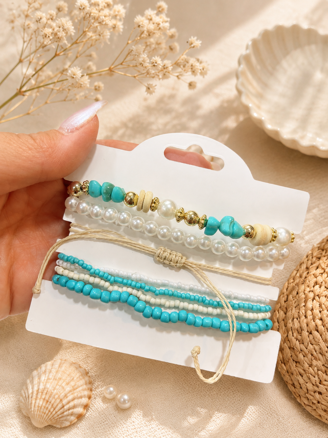 Boho Beach Pearl & Turquoise Layered Bracelet Set