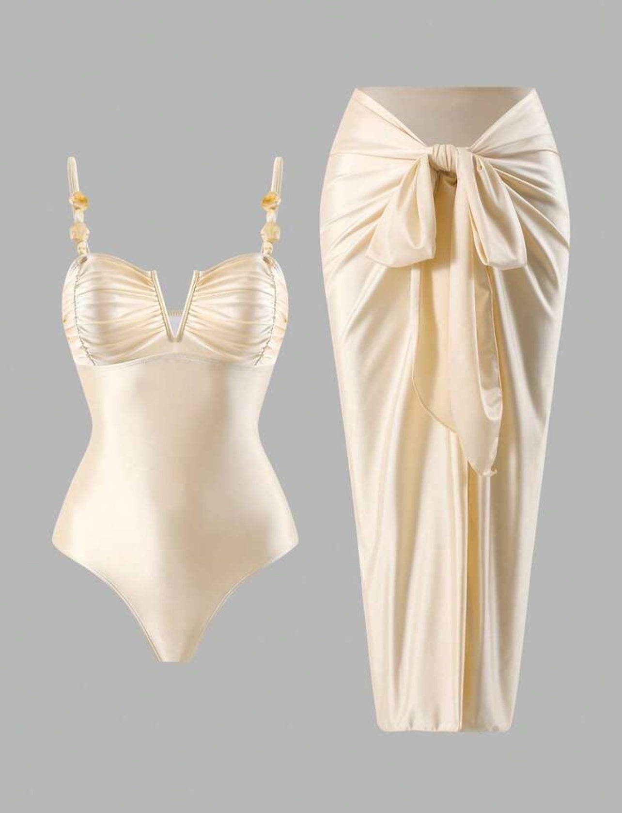 Swim Oasis 2026 New Women's Summer Beach Vacation High-End Beaded V-Neck Pleated Strapless Backless Solid Color Apricot Round High-Cut One-Piece Swimsuit With Long Skirt Side Tie - Large