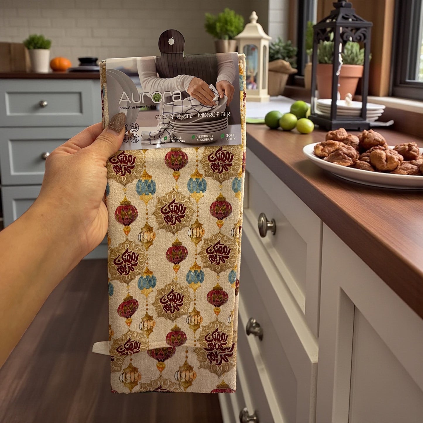 2Pcs Ramadan Kareem Microfiber Kitchen Towels – Festive Absorbent Dish Towels with Islamic Lantern & Crescent Prints