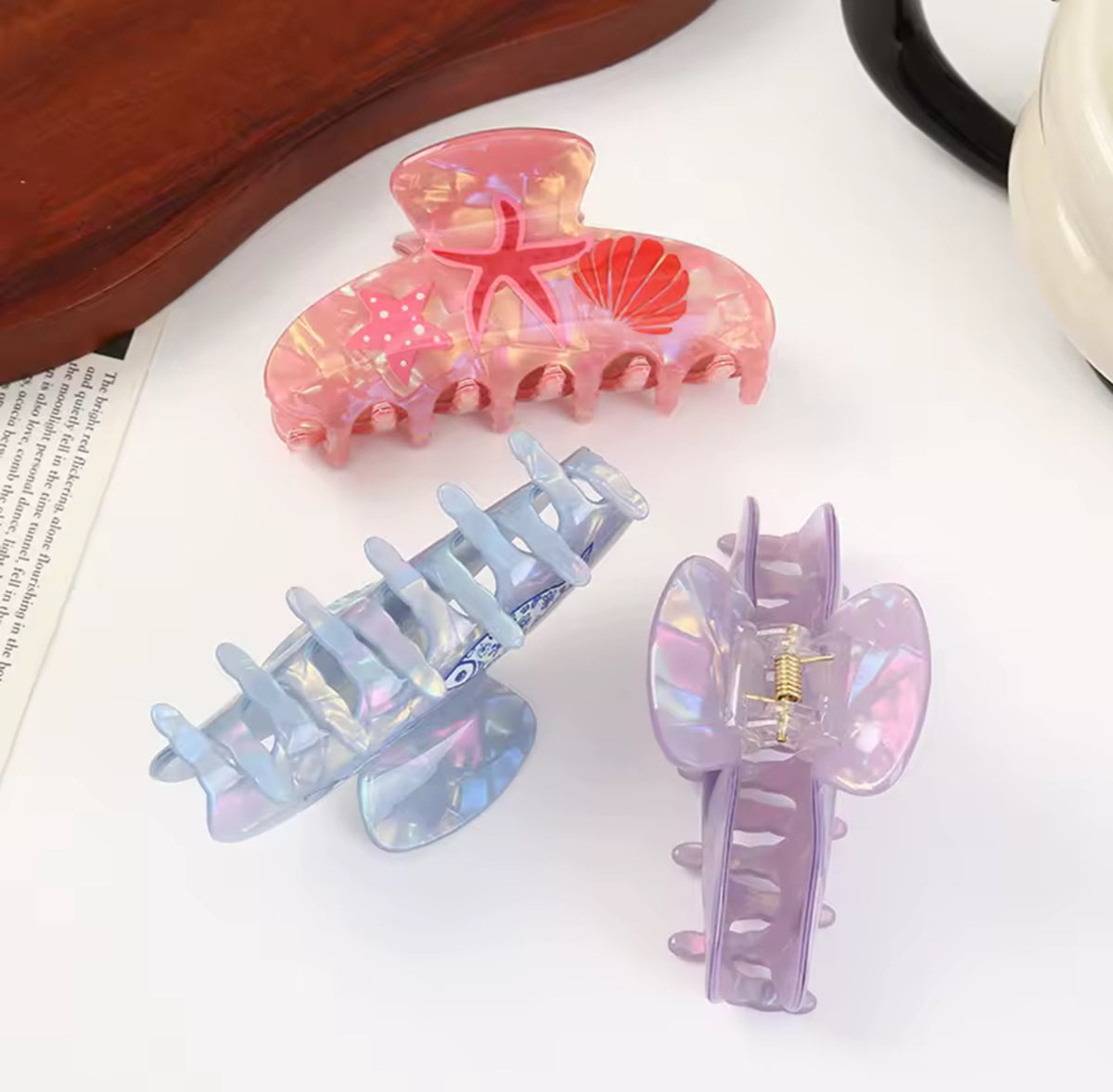 Ocean Series Acetate Hair Claw Clip Beach Vacation Starfish Seashell Print Shark Clip for Women Sweet Hair Accessories