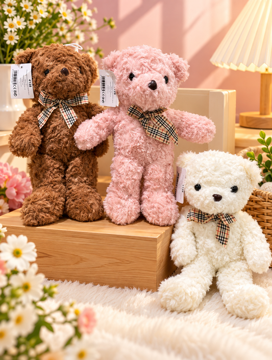 Soft Plush Teddy Bear with Checkered Bow – Cute Gift for Kids & Loved Ones