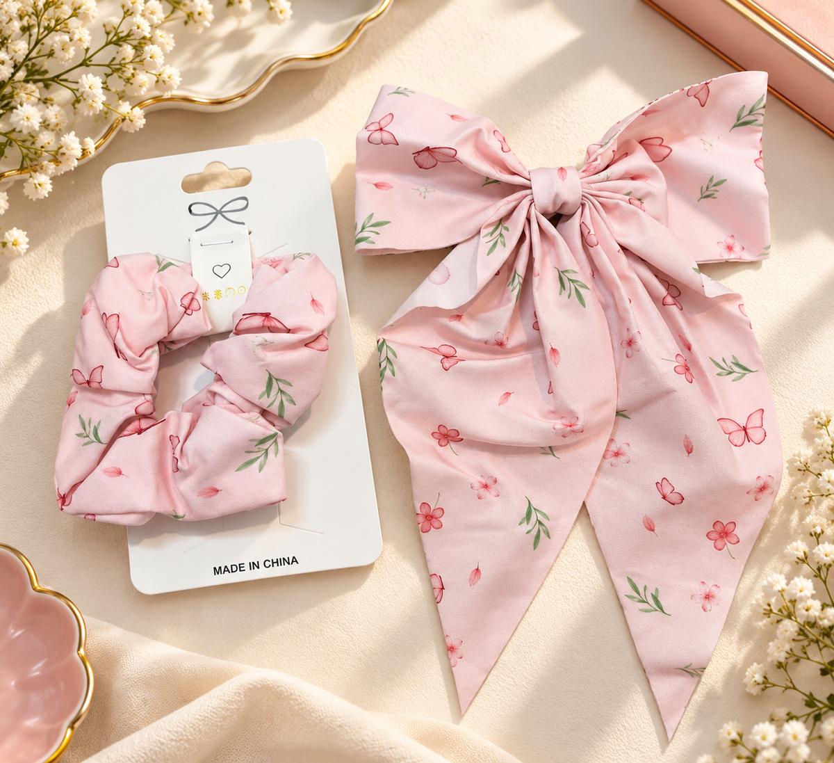 Girls’ Pink Bow Scrunchie & Long-Tail Hair Bow Set – Assorted Prints