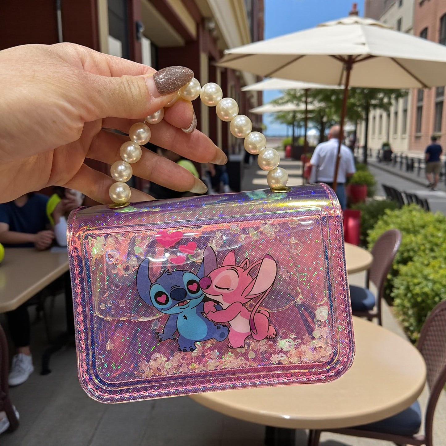 Holographic Glitter Kids Handbag with Pearl Handle – Cute Stitch & Angel Cartoon Design